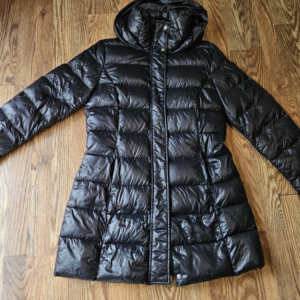 LRL Ralph Lauren Down Puffer Coat Womens M Black Hooded Long Quilted Warm Logo